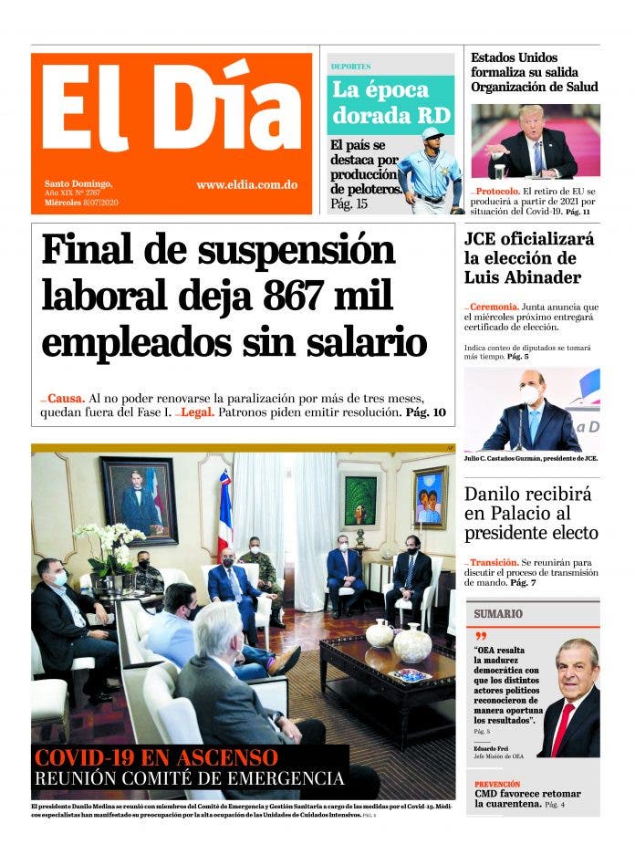 Portada Periódico El Día, Miércoles 08 de Julio, 2020
