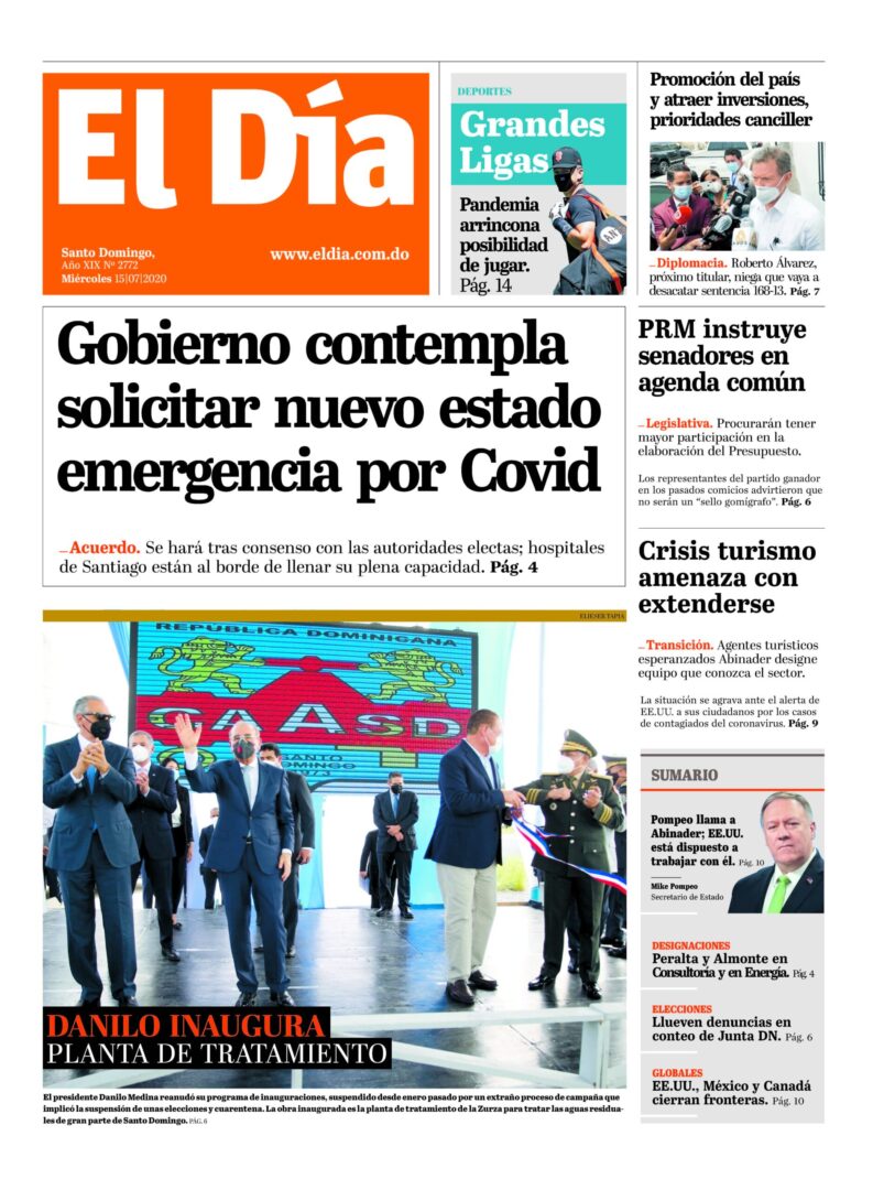 Portada Periódico El Día, Miércoles 15 de Julio, 2020