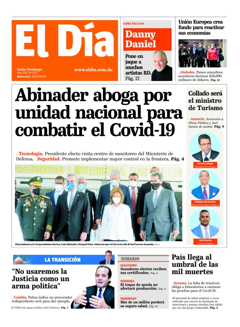 Portada Periódico El Día, Miércoles 22 de Julio, 2020