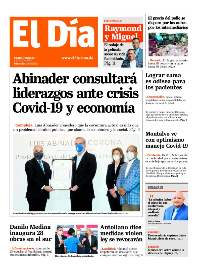 Portada Periódico El Día, Miércoles 29 de Julio, 2020