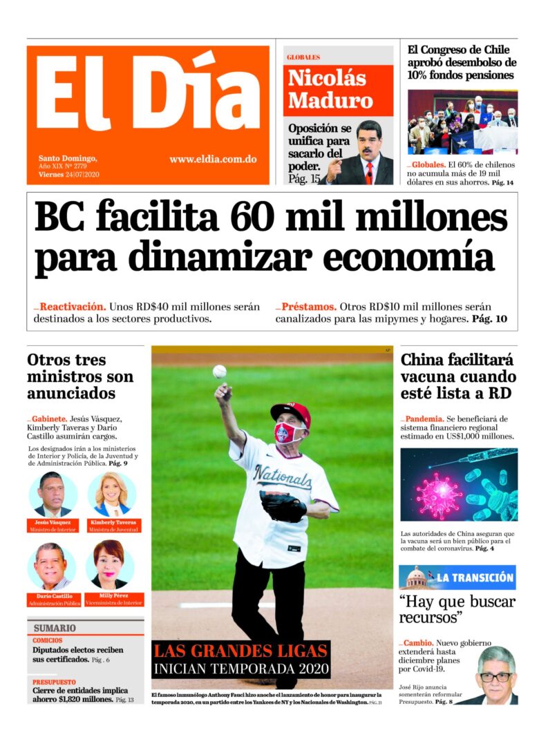 Portada Periódico El Día, Viernes 24 de Julio, 2020