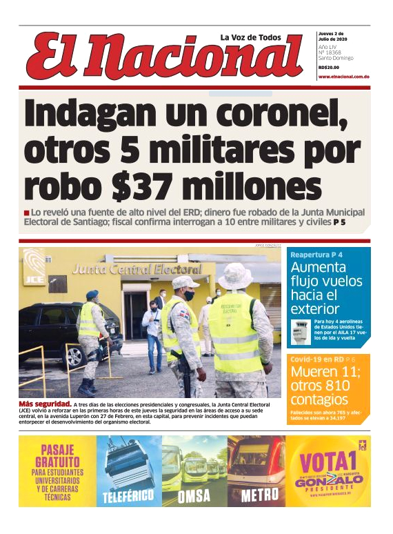 Portada Periódico El Nacional, Jueves 02 de Julio, 2020