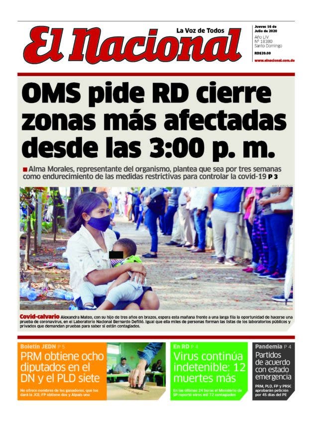 Portada Periódico El Nacional, Jueves 16 de Julio, 2020