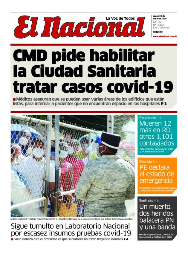 Portada Periódico El Nacional, Lunes 20 de Julio, 2020