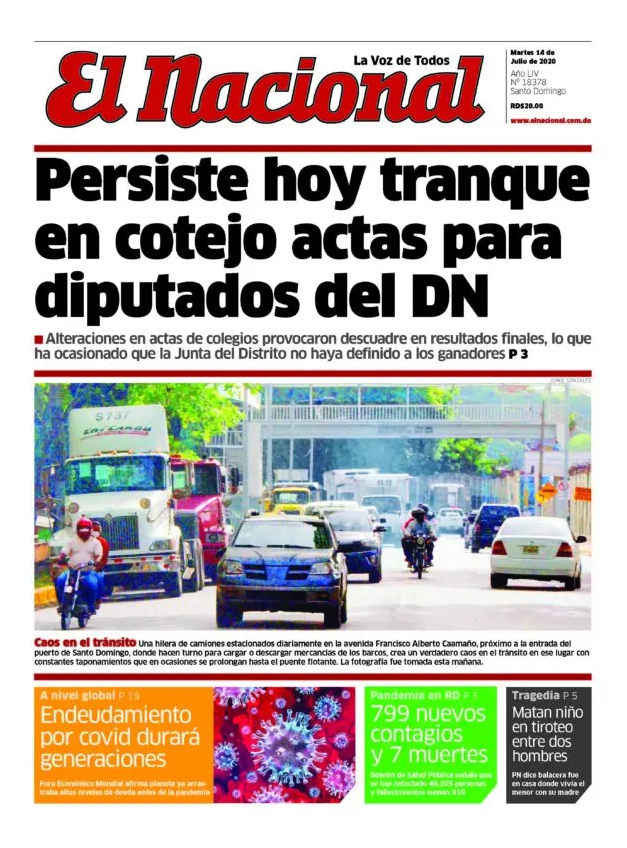 Portada Periódico El Nacional, Martes 14 de Julio, 2020