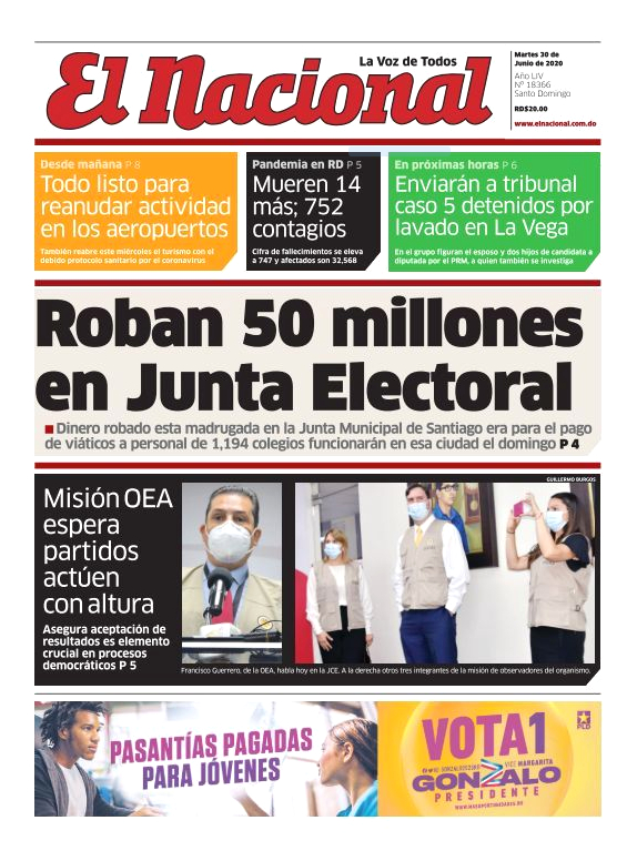 Portada Periódico El Nacional, Martes 30 de Junio, 2020