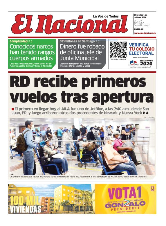 Portada Periódico El Nacional, Miércoles 01 de Julio, 2020