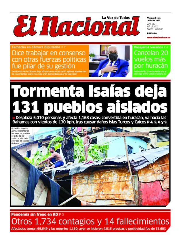 Portada Periódico El Nacional, Viernes 31 de Julio, 2020