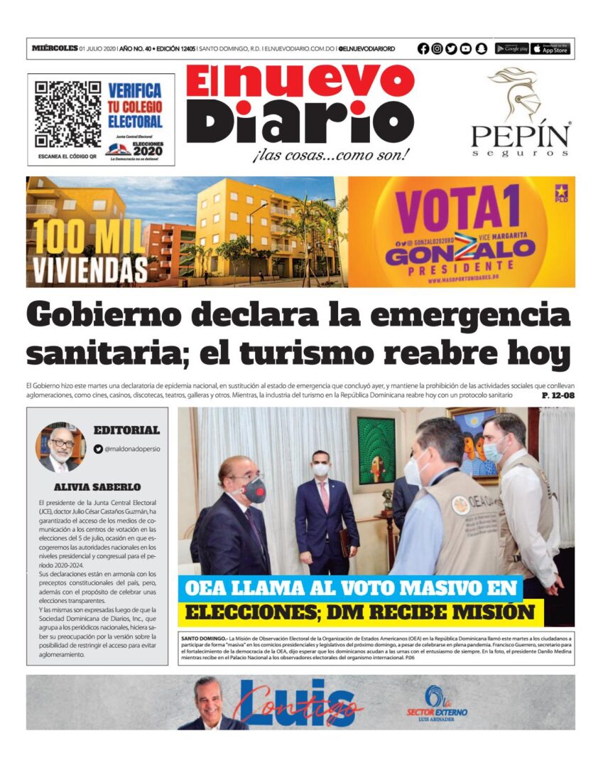Portada Periódico El Nuevo Diario, Jueves 02 de Julio, 2020