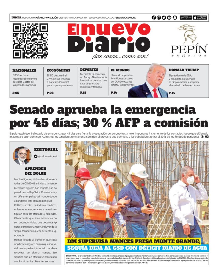 Portada Periódico El Nuevo Diario, Lunes 20 de Julio, 2020