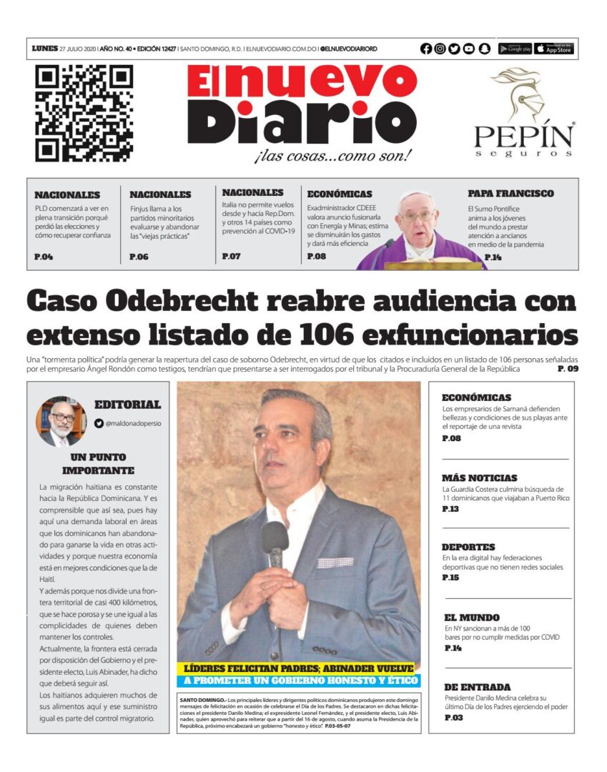 Portada Periódico El Nuevo Diario, Lunes 27 de Julio, 2020