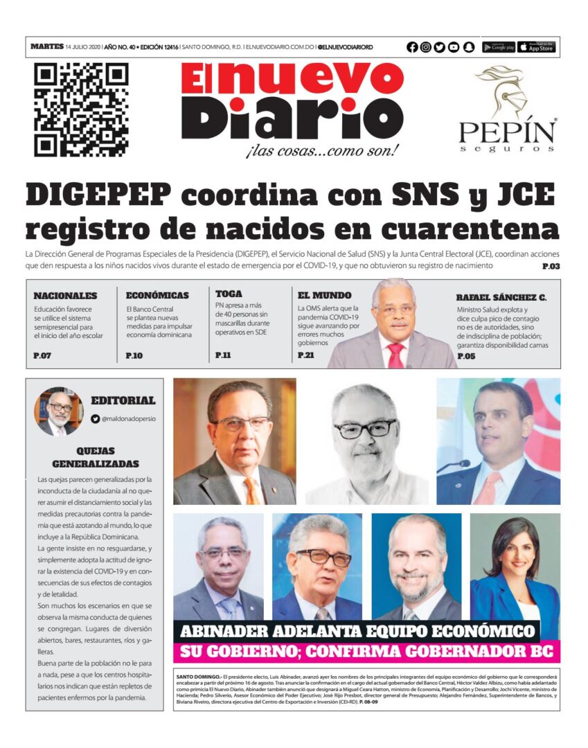 Portada Periódico El Nuevo Diario, Martes 14 de Julio, 2020