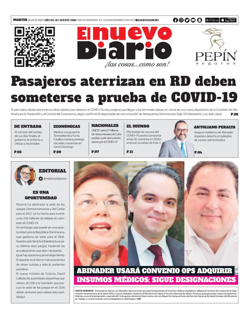 Portada Periódico Hoy, Martes 28 de Julio, 2020