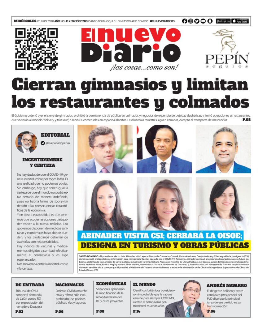 Portada Periódico El Nuevo Diario, Miércoles 22 de Julio, 2020