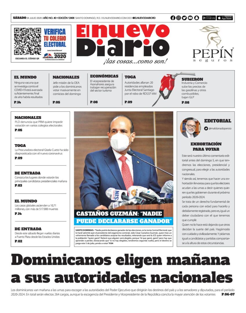 Portada Periódico El Nuevo Diario, Sábado 04 de Julio, 2020