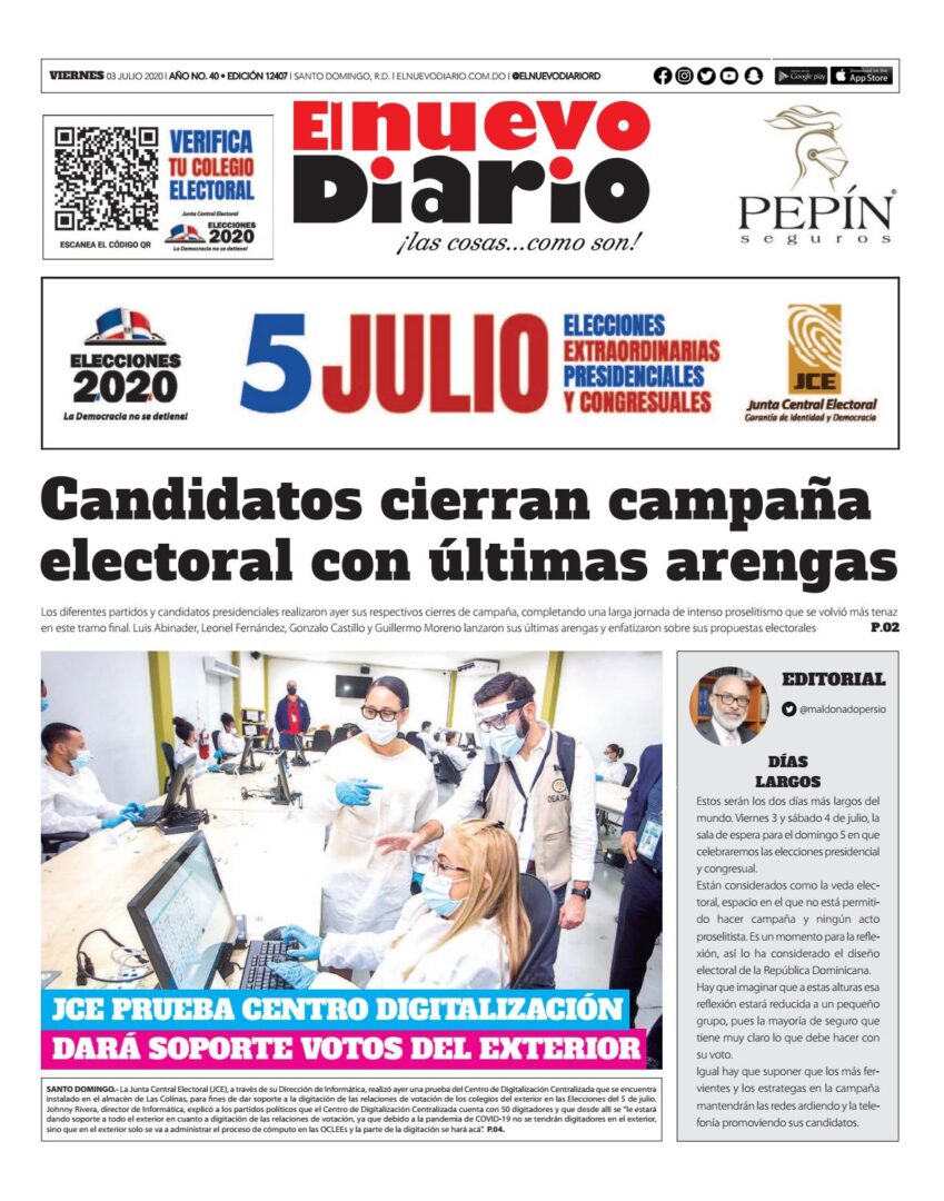 Portada Periódico El Nuevo Diario, Viernes 03 de Julio, 2020