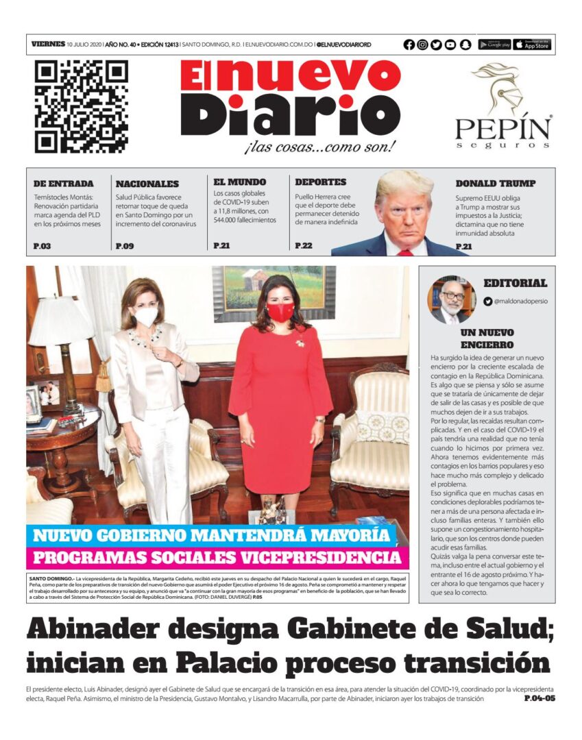 Portada Periódico El Nuevo Diario, Viernes 10 de Julio, 2020