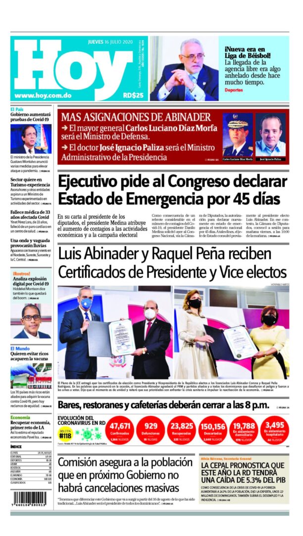 Portada Periódico Hoy, Jueves 16 de Julio, 2020