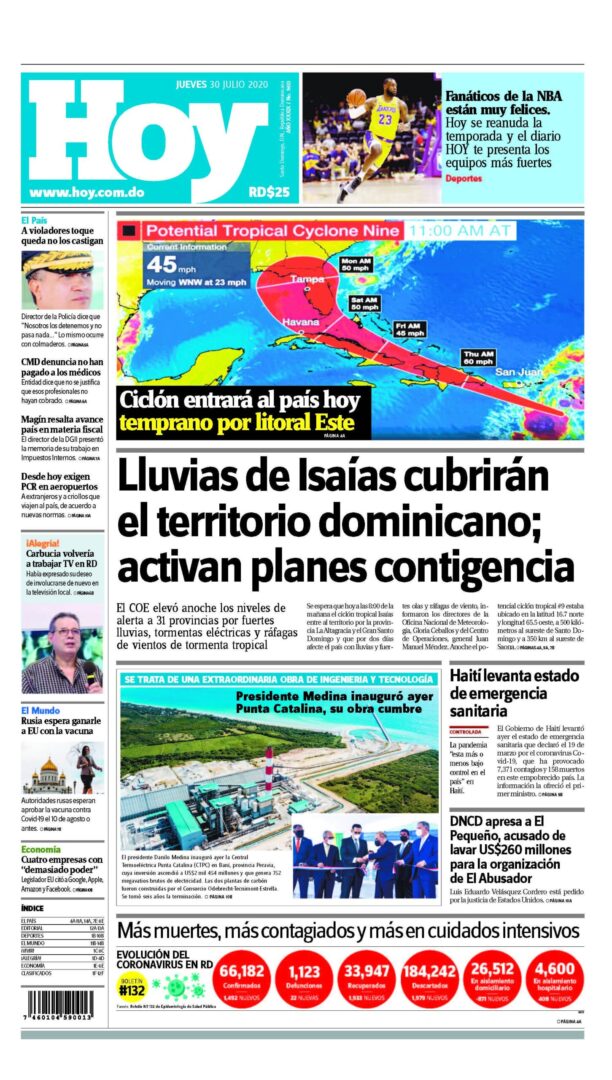 Portada Periódico Hoy, Jueves 30 de Julio, 2020