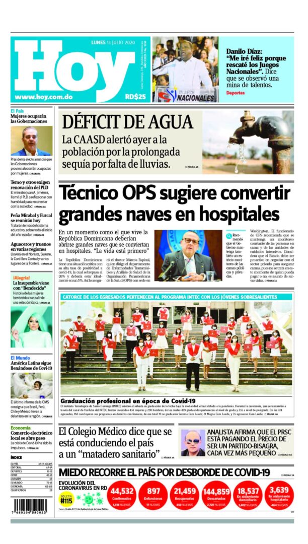 Portada Periódico Hoy, Lunes 13 de Julio, 2020