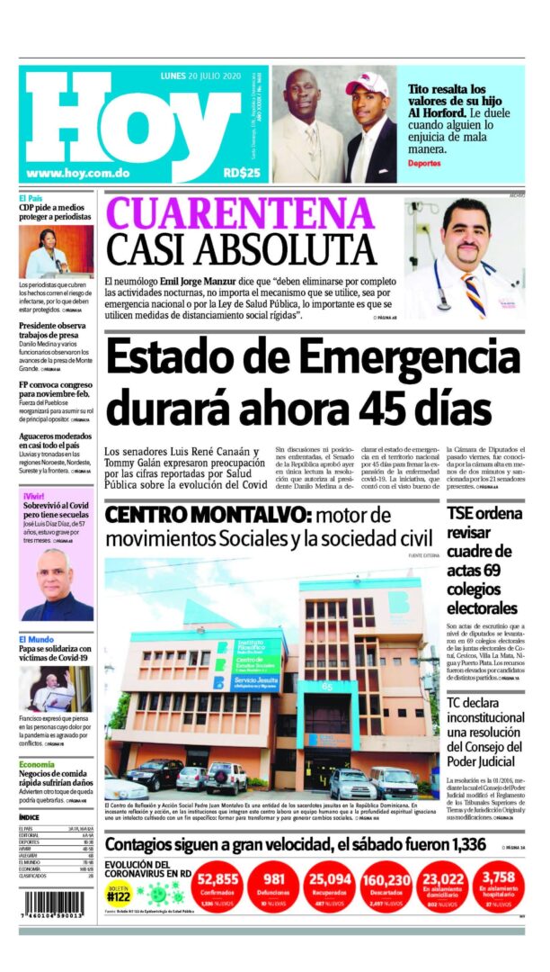 Portada Periódico Hoy, Lunes 20 de Julio, 2020