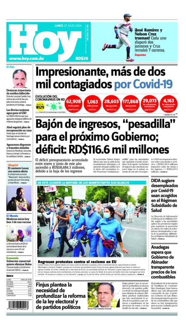 Portada Periódico Hoy, Lunes 27 de Julio, 2020