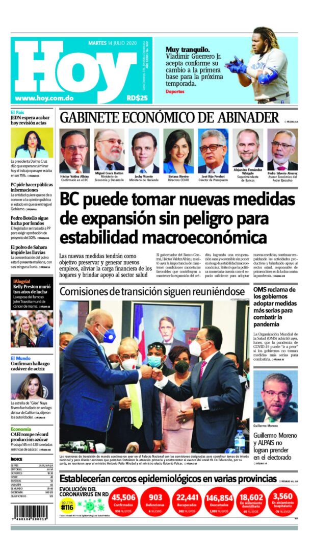 Portada Periódico Hoy, Martes 14 de Julio, 2020