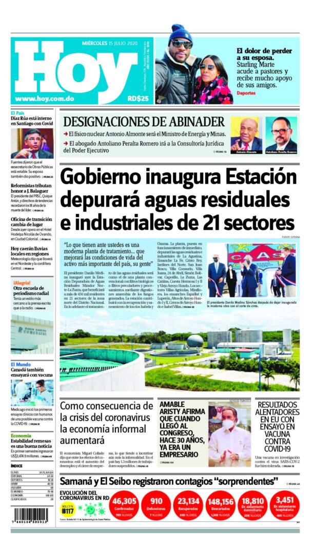 Portada Periódico Hoy, Miércoles 15 de Julio, 2020