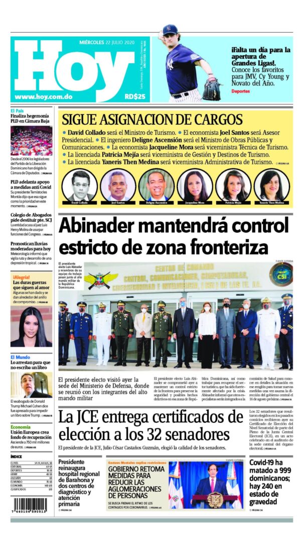 Portada Periódico Hoy, Miércoles 22 de Julio, 2020