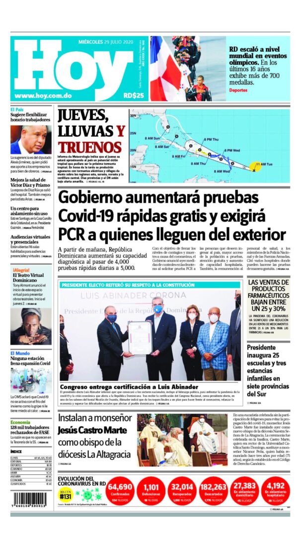 Portada Periódico Hoy, Miércoles 29 de Julio, 2020