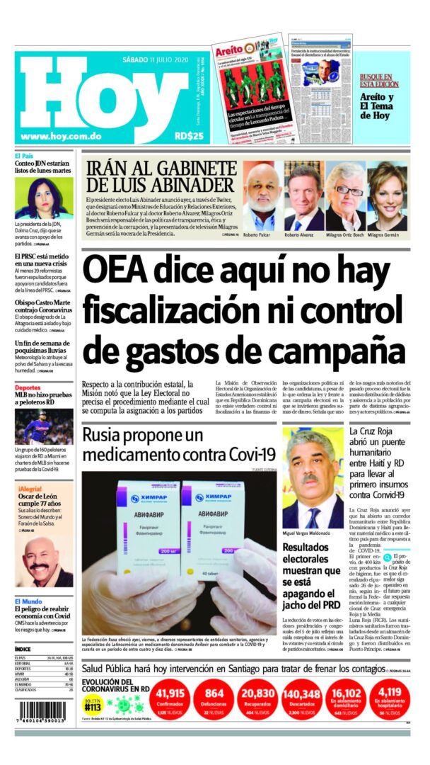 Portada Periódico Hoy, Sábado 11 de Julio, 2020
