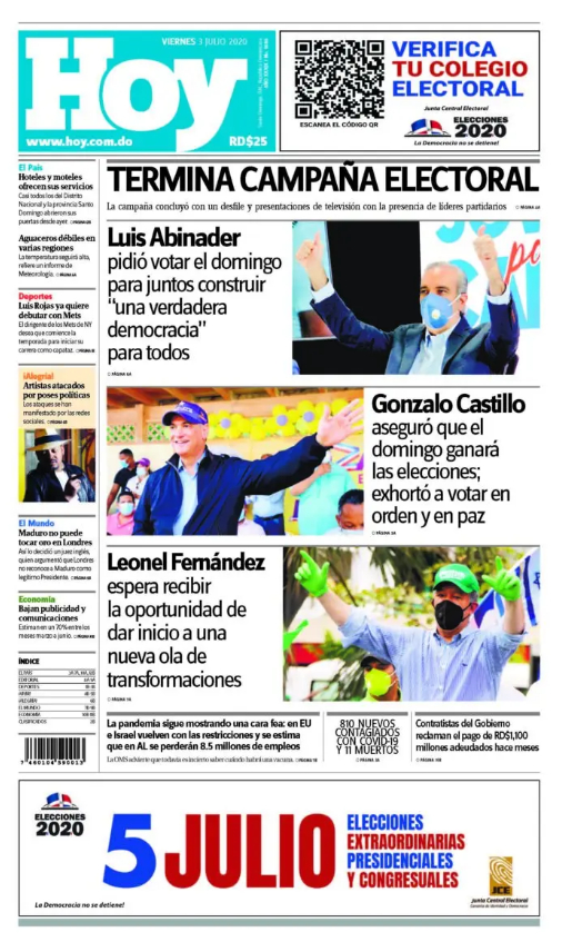 Portada Periódico Hoy, Viernes 03 de Julio, 2020
