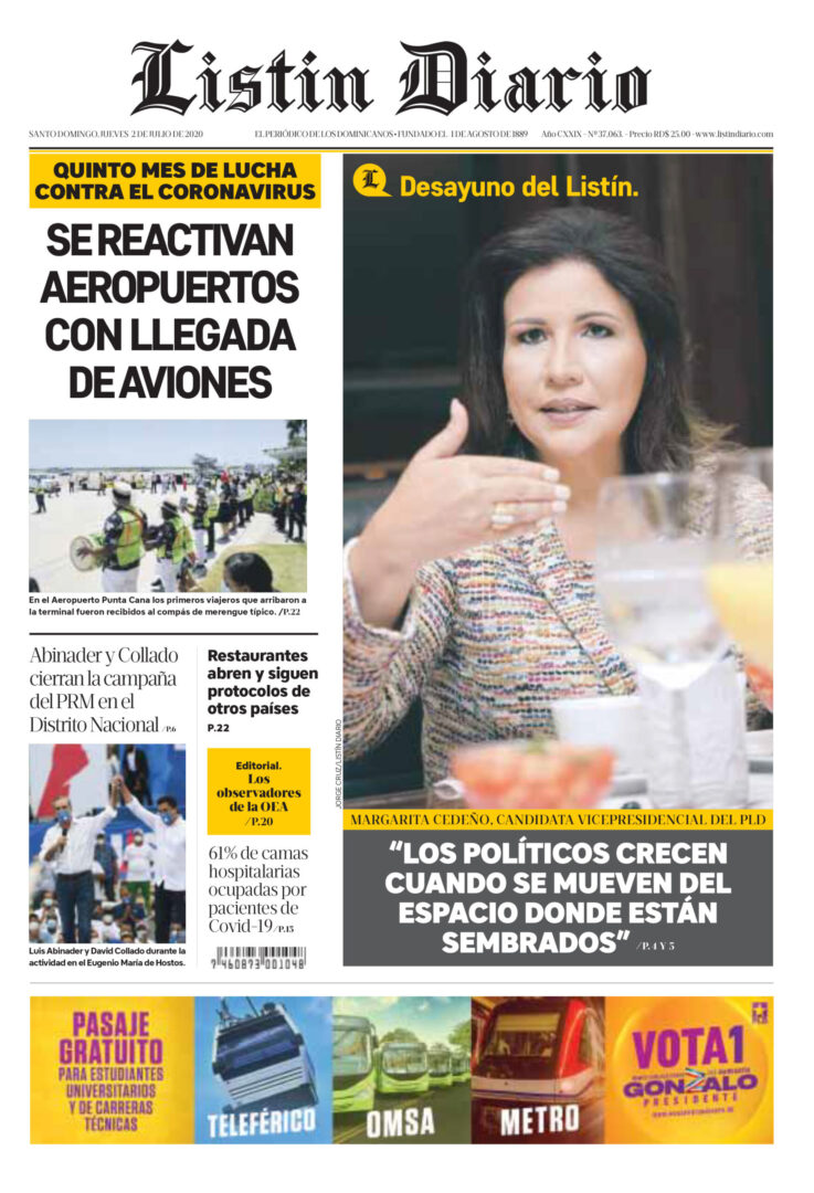 Portada Periódico Listín Diario, Jueves 02 de Julio, 2020
