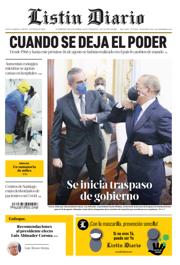Portada Periódico Listín Diario, Jueves 09 de Julio, 2020