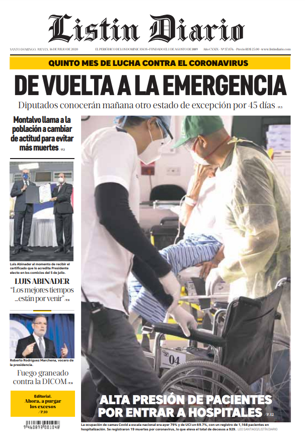 Portada Periódico Listín Diario, Jueves 16 de Julio, 2020