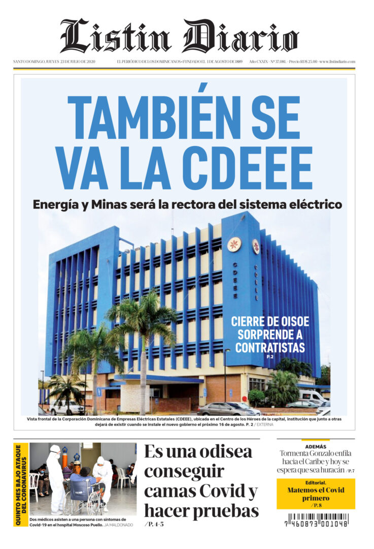 Portada Periódico Listín Diario, Jueves 23 de Julio, 2020