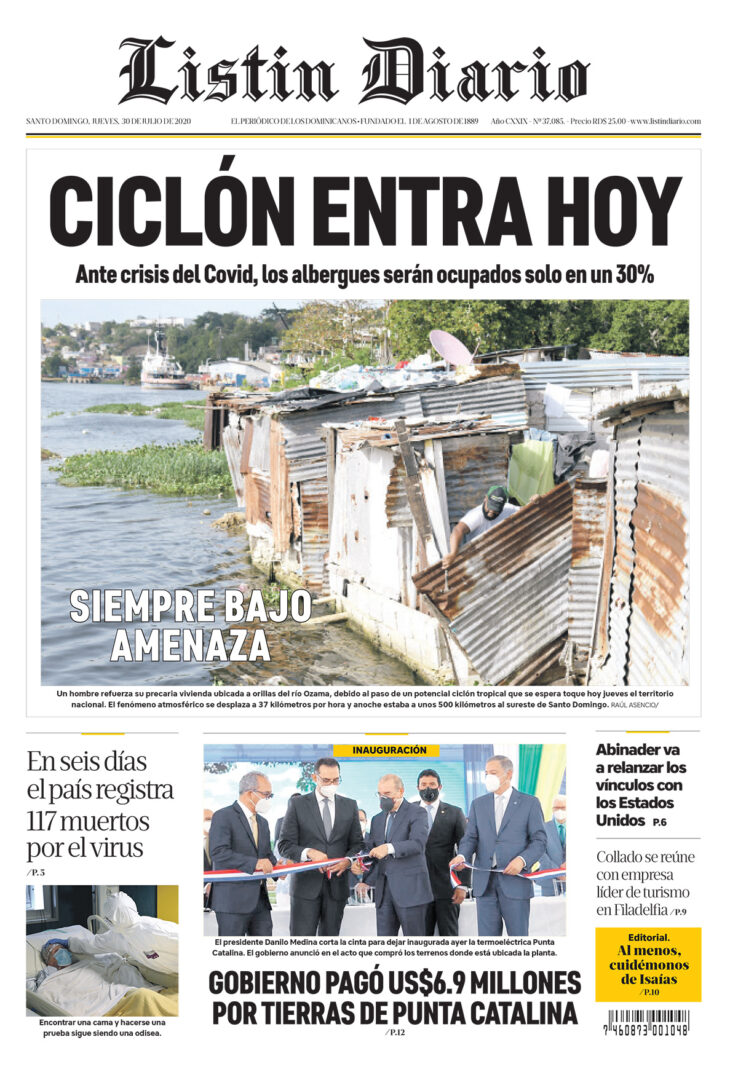 Portada Periódico Listín Diario, Jueves 30 de Julio, 2020