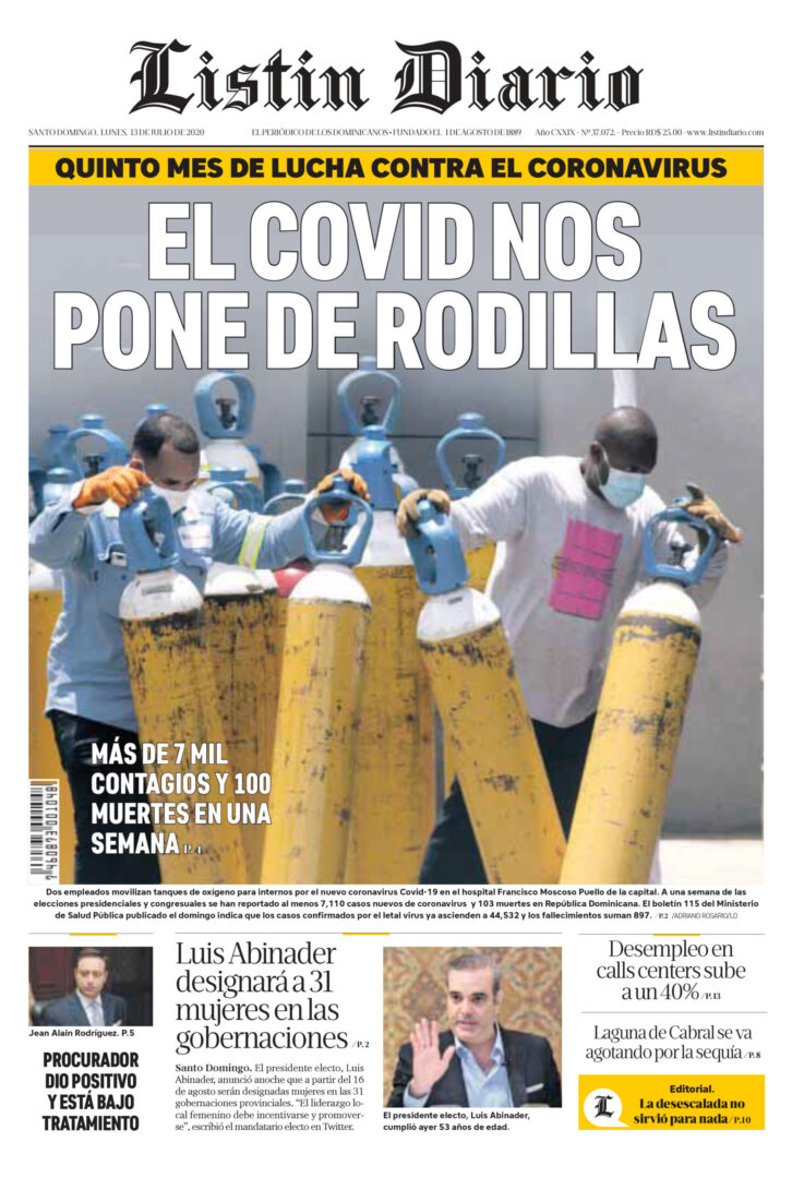 Portada Periódico Listín Diario, Lunes 13 de Julio, 2020