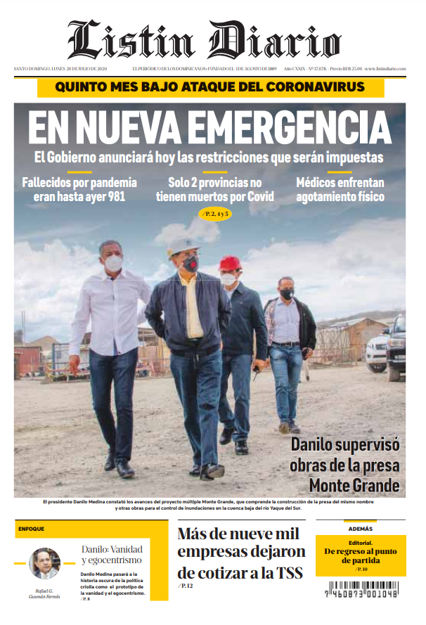 Portada Periódico Listín Diario, Lunes 20 de Julio, 2020