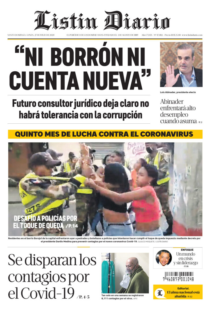 Portada Periódico Listín Diario, Lunes 27 de Julio, 2020