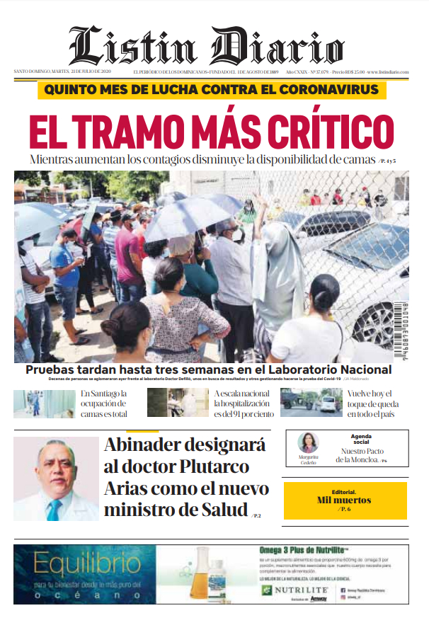 Portada Periódico Listín Diario, Martes 21 de Julio, 2020