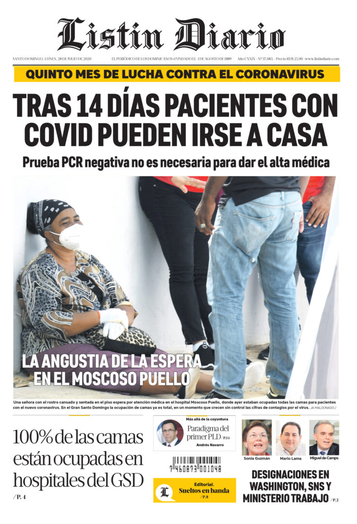 Portada Periódico Listín Diario, Martes 28 de Julio, 2020