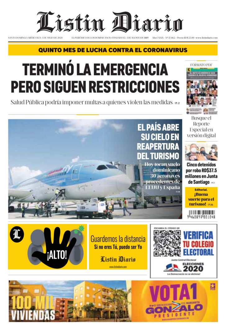 Portada Periódico Listín Diario, Miércoles 01 de Julio, 2020
