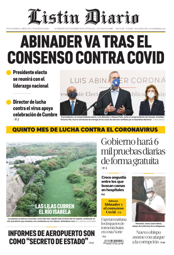 Portada Periódico Listín Diario, Miércoles 29 de Julio, 2020