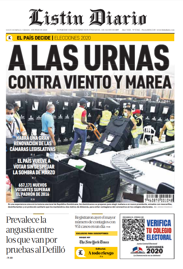 Portada Periódico Listín Diario, Sábado 04 de Julio, 2020