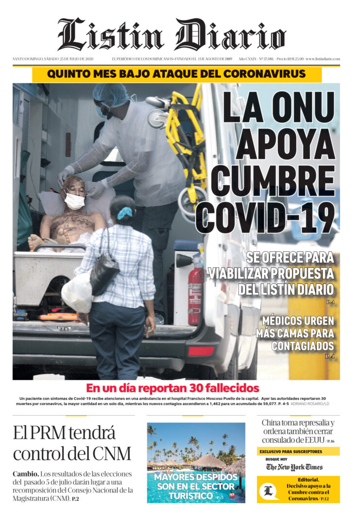 Portada Periódico Listín Diario, Sábado 25 de Julio, 2020