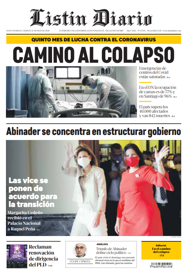 Portada Periódico Listín Diario, Viernes 10 de Julio, 2020