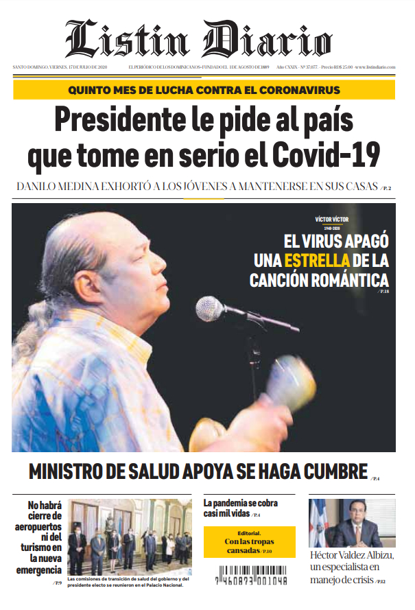 Portada Periódico Listín Diario, Viernes 17 de Julio, 2020