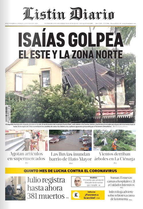 Portada Periódico Listín Diario, Viernes 31 de Julio, 2020