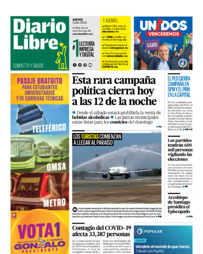 Portada Periódico Diario Libre, Jueves 02 de Julio, 2020